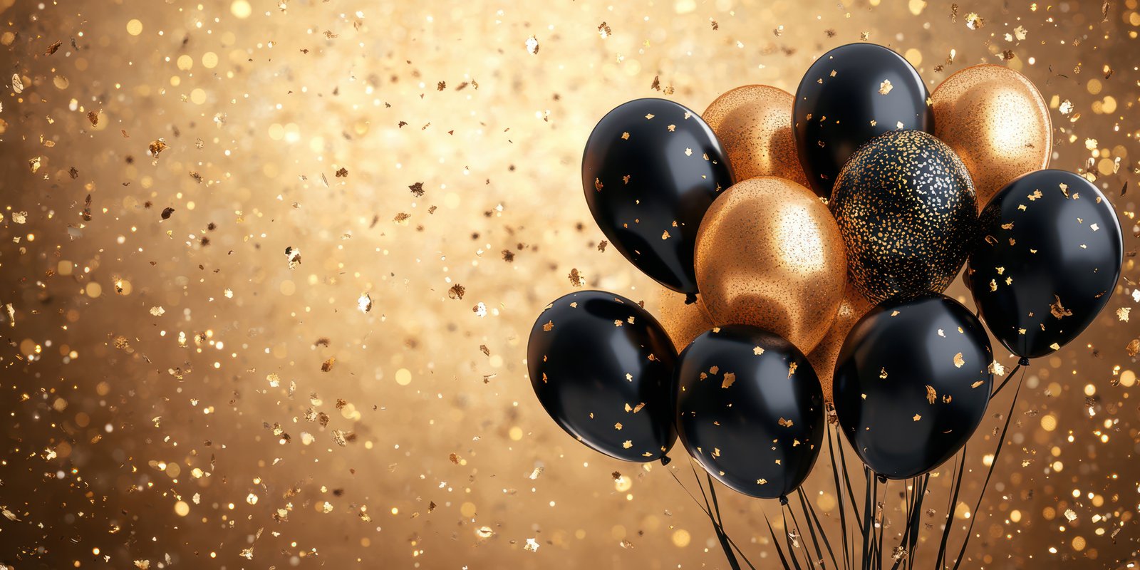 Celebration with gold and black balloons against a sparkling backdrop for an elegant event